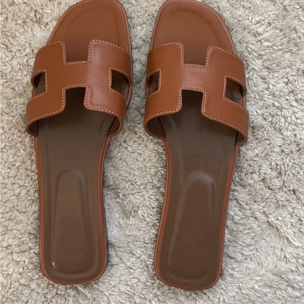 Hermes Brown Leather Sandals with Iconic H Design